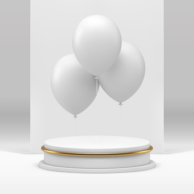 Podio blanco 3D con globo de aire vitrina de vacaciones de lujo para la presentación vector realista