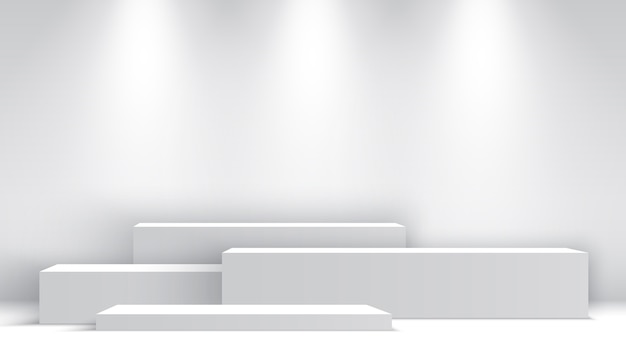 Vector podio en blanco blanco con focos. puesto de exhibición. pedestal. escena.