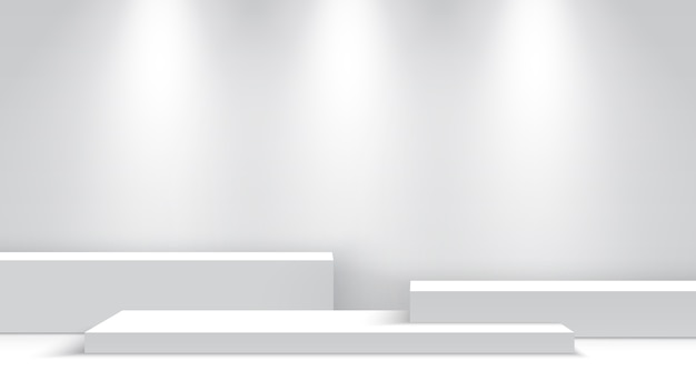 Vector podio en blanco blanco con focos. puesto de exhibición. pedestal. ilustración de escena.