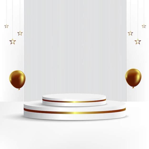 podio blanco y dorado con globos y estrellas ilustración vectorial