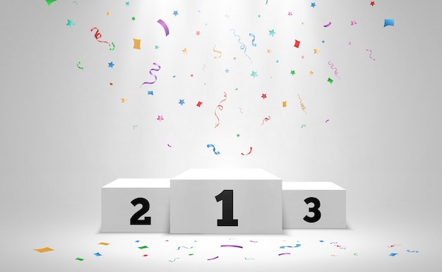 Podio blanco o plataforma con focos. Un pedestal para premiar a los ganadores.