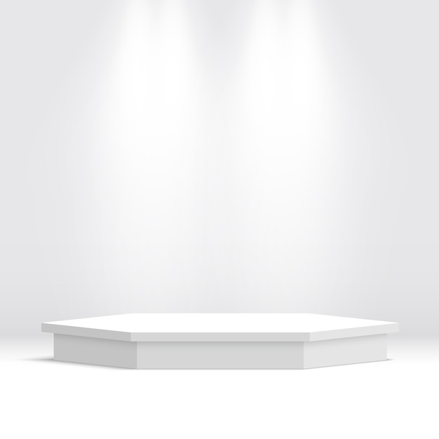 Podio blanco. Pedestal. Escena hexagonal con focos.
