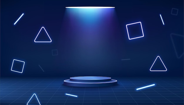 Podio cilíndrico futurista 3D con brillo brillante desde arriba sobre fondo azul con luces de neón Pedestal de ciencia ficción con formas geométricas fluorescentes