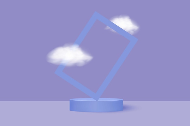 Podio cilíndrico realista abstracto sobre un fondo azul entre niebla blanca o nubes.