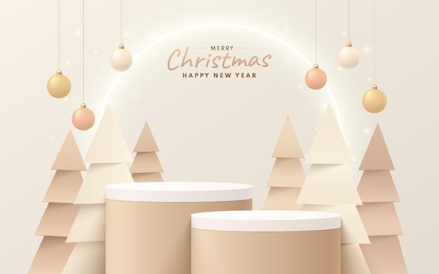 Podio de cilindro marrón claro 3D realista con árbol de Navidad moderno y anillo de neón iluminado