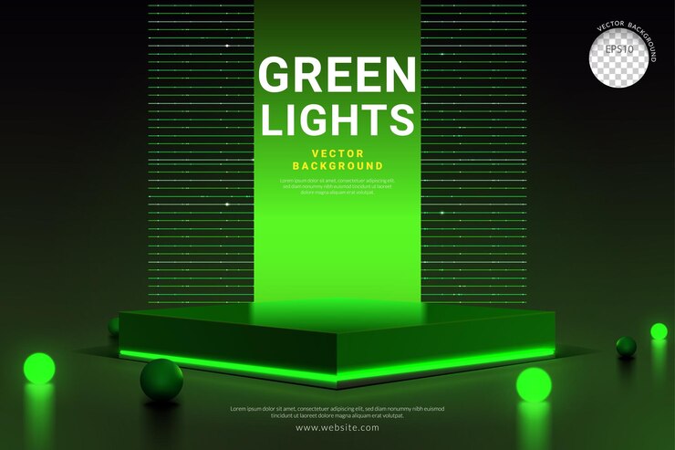 Vector podio cuadrado con neón verde y fondo de partículas diseño para exhibición de productos