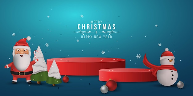 Podio de dibujos animados para Navidad y Año Nuevo Pedestal para exhibir sus productos Santa emocional y muñeco de nieve con abeto nevado decorativo Diseño de escena 3d de Año Nuevo Vector