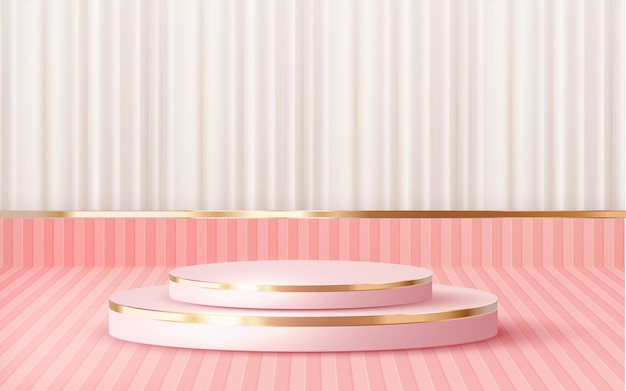 Podio de dos pasos rosa redondo de lujo renderizado en 3d con escaparate de cortina blanca vector 3d 051222