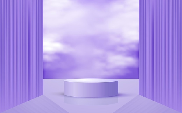 Vector podio de escena 3d redondo de color púrpura pastel con nubes y cortinas de fondo perfecto para la promoción de eventos maqueta de presentación de productos cosméticos