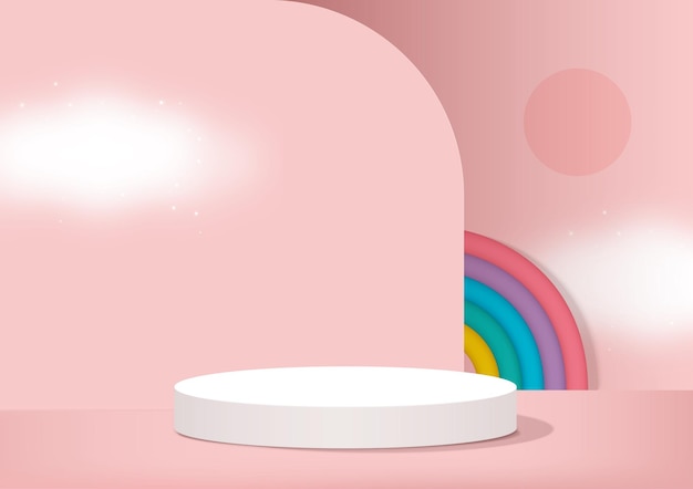 Podio de escena de maqueta abstracta para exhibición de productos decorado con forma de arco iris sobre fondo rosa
