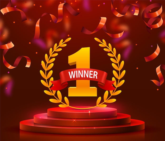 Podio de escenario con iluminación y confeti, Escena de podio de escenario con ceremonia de premiación sobre fondo rojo. Ilustración vectorial