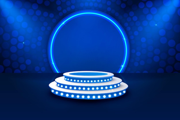 Podio de escenario con iluminación, Escena de podio de escenario con ceremonia de premiación sobre fondo azul