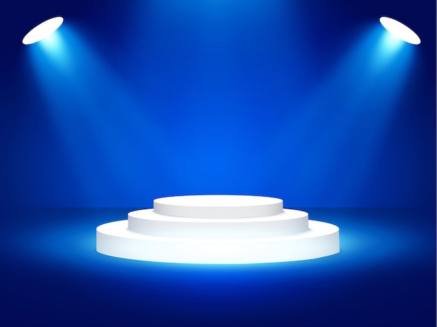 Podio de escenario con iluminación, Escena de podio de escenario con ceremonia de premiación sobre fondo azul