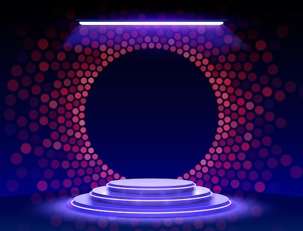 Podio de escenario con iluminación, Escena de podio de escenario con ceremonia de premiación sobre fondo azul