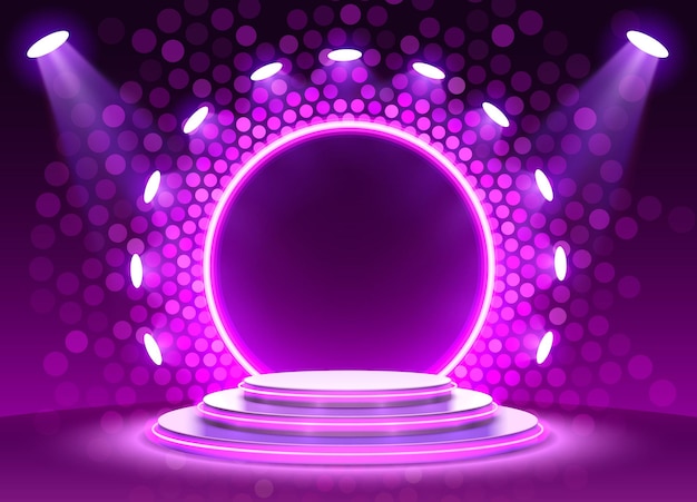 Podio de escenario con iluminación, Escena de podio de escenario con ceremonia de premiación sobre fondo púrpura, ilustración vectorial