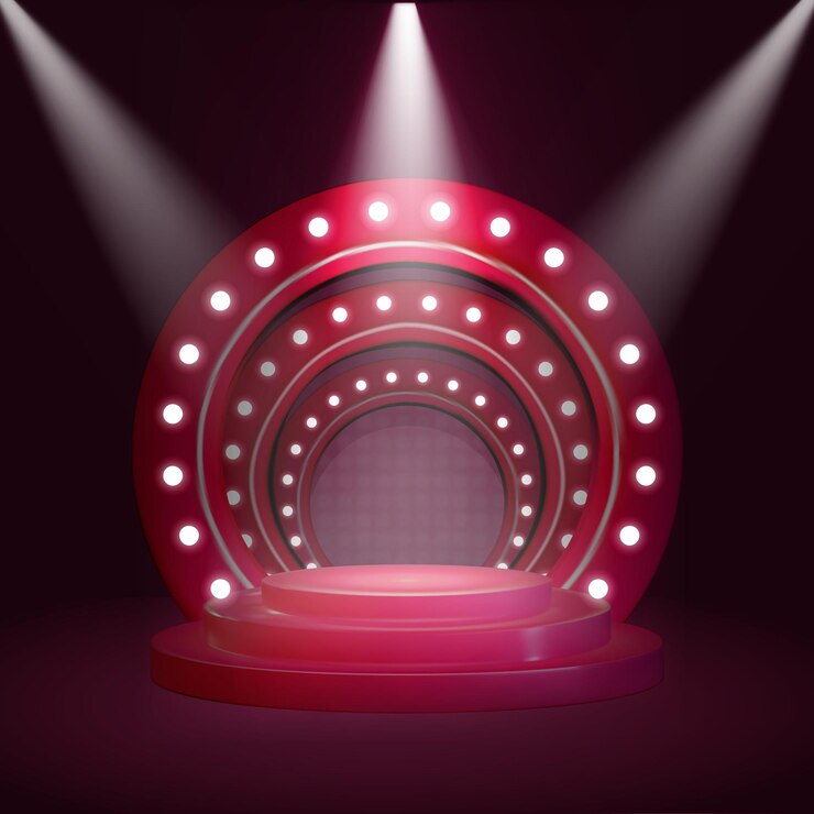 Vector podio de escenario con linterna iluminadora para ceremonia de premiación. pedestal redondo para ganador con rayos de foco, plataforma vacía para presentación, actuación o espectáculo en la ilustración de vector de club nocturno