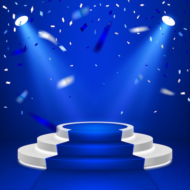 Podio de escenario redondo. Escena de podio festiva con alfombra azul y confeti.