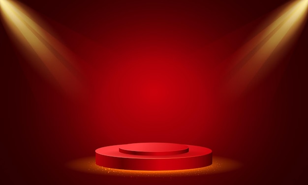Podio de escenario vectorial con iluminación escena de podio de escenario con para la ceremonia de entrega de premios en fondo rojo