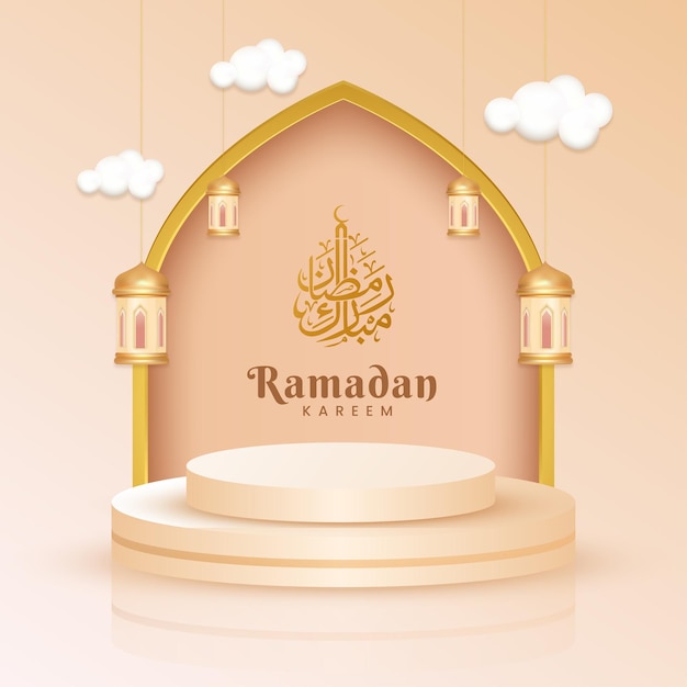 Podio de exhibición de producto 3d islámico ramadan kareem venta banner ornamento linterna fondo Vector Premium