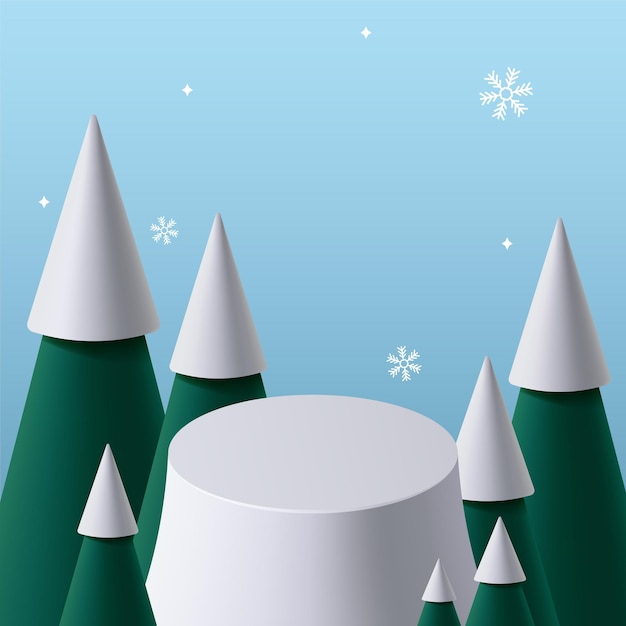 Podio para exhibición de productos decorativos de Navidad de invierno sobre fondo azul con árbol de Navidad vector 3D