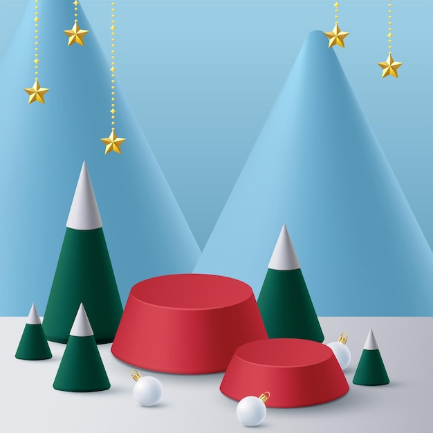 Podio para exhibición de productos decorativos de Navidad de invierno sobre fondo azul con árbol de Navidad vector 3D