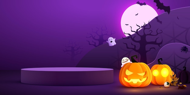 Podio de exhibición de productos de Halloween con calabazas, murciélagos y fantasmas, ilustración vectorial