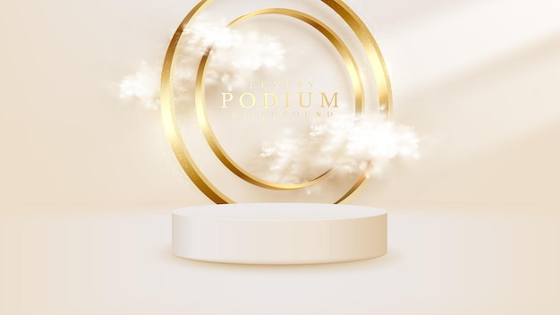 Podio de exhibición de productos con líneas de anillo de círculo dorado brillante y elementos de nubes, fondo de estilo de lujo realista 3d.