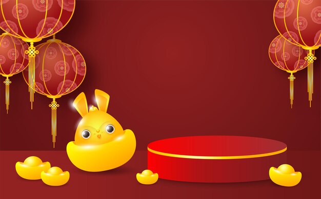 Podio de exhibición de productos de tema asiático con fondo de ilustración 3d de conejito de conejo dorado Podio