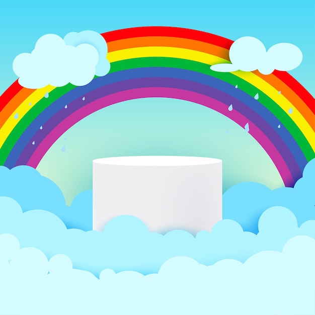 Vector podio de exhibición de productos temáticos monzón rodeado de nubes arco iris y gotas de lluvia en el cielo azul