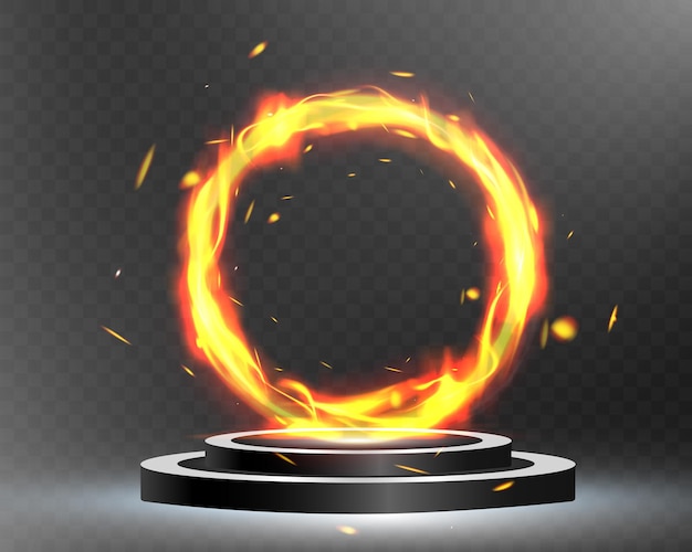 El podio, el fuego, la llama, la energía ardiente, las llamas brillantes, el efecto de los reflectores del escenario futurista, el humo dramático.