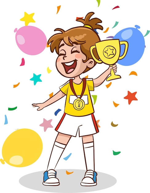 Podio ganador Ganador afortunado en un podio con una Copa Personajes de dibujos animados coloridos