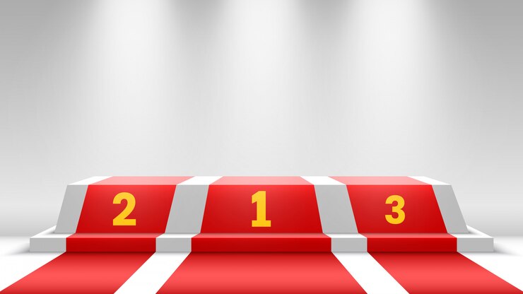 Vector podio de ganadores blancos con alfombra roja. escenario para entrega de premios. pedestal con focos. ilustración.