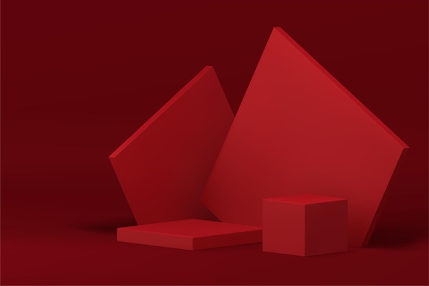 Vector podio geométrico rojo 3d pedestal cuadrado con fondo de pared de forma angular ilustración vectorial realista composición de escaparate de moda para presentación de productos exhibición vacía espacio de estudio promocional