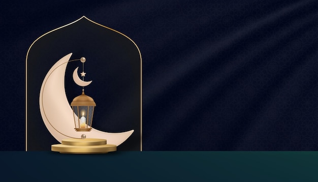 Vector podio islámico con linterna islámica tradicional con luna creciente sobre fondo de seda azul draktelón de fondo vectorial religión de los musulmanes simbólicoseid ul fitrramadan kareemeid al adhaeid mubarak