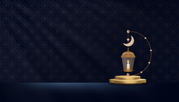 Vector podio islámico con linterna tradicional con fondo de luna creciente sobre fondo azul drak vector telón de fondo de la religión musulmana symboliceid ul fitr ramadan kareemeid al adhaeid mubarak