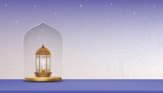 Vector podio islámico con linterna tradicional con luna creciente y estrella sobre fondo púrpura bandera de fondo vectorial de la religión de los musulmanes symboliceid ul fitr ramadan kareemeid al adhaeid mubarak