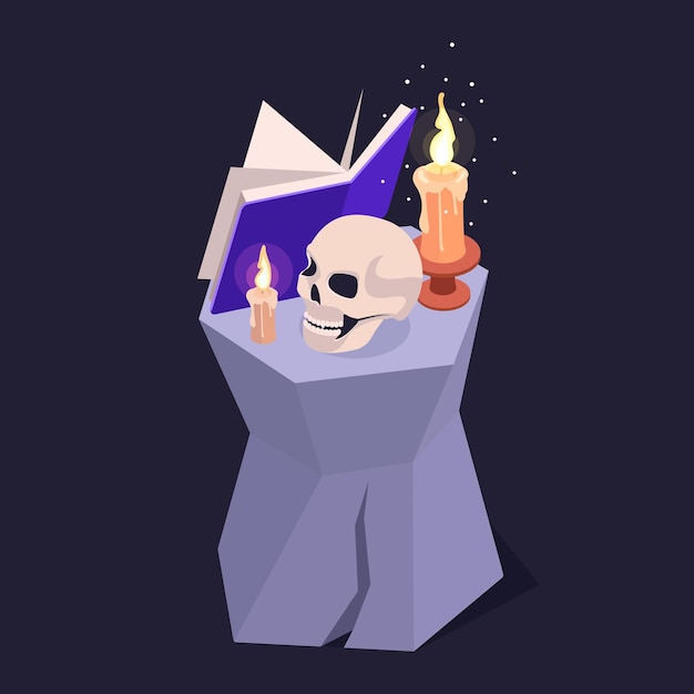 Podio isométrico con cráneo símbolos vectoriales 3D ilustración herramientas mágicas de Halloween