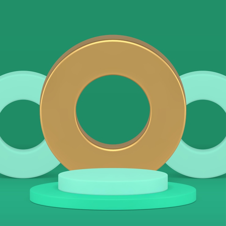Vector podio de lujo de cilindro verde 3d con fondo de pared de anillo dorado vector realista
