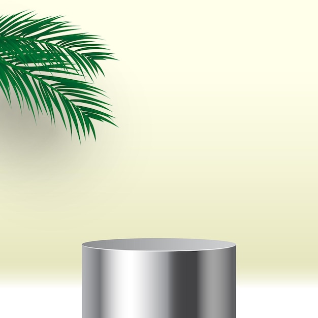 Podio metálico redondo en blanco con plataforma de exhibición de productos cosméticos de pedestal de hojas de palma