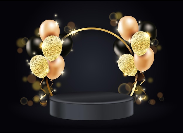 Podio negro decorativo realista con globos de lujo.