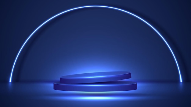 Podio o soporte con neón de gradiente de línea en escena abstracta de Scifi con marco de neón rosa y azul que muestra el producto de representación vectorial diseño de vector de escena mínima futurista