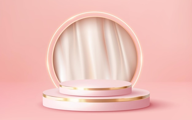 Podio de oro de lujo renderizado en 3d con escaparate de crema de cortina blanca vector fondo rosa 3d
