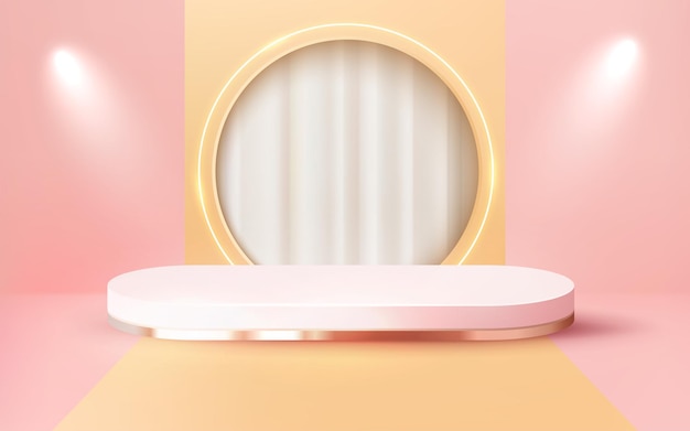 Podio de oro rosa de lujo renderizado en 3d con escaparate de cortina blanca vector fondo rosa 3d 251022