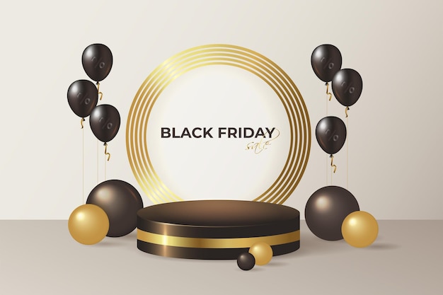 Podio de pedestal cilíndrico 3D realista negro y dorado con globos con signo de porcentaje