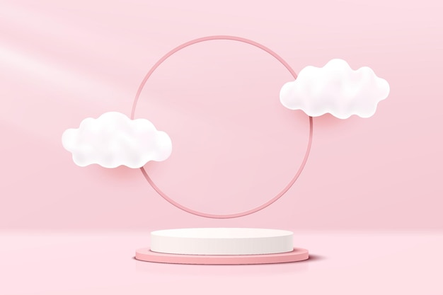 Podio de pedestal de cilindro 3d abstracto blanco y rosa con nube volando y telón de fondo de anillo circular