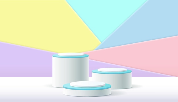 Podio de pedestal de cilindro 3D abstracto con escena de pared mínima pastel y sombra Plataforma geométrica de representación vectorial moderna para presentación de exhibición de productos cosméticos