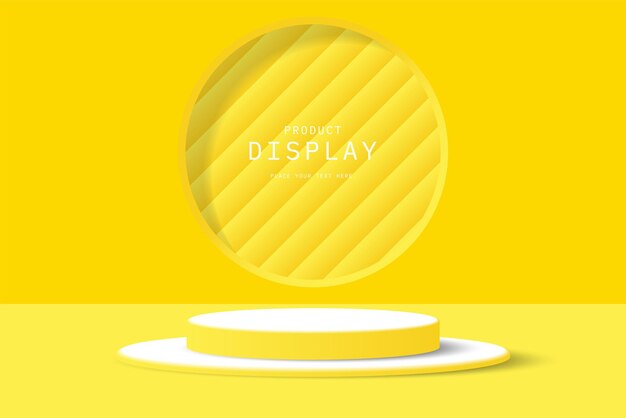 Podio de pedestal de cilindro 3D amarillo y blanco realista con forma inclinada dentro de la ventana circular