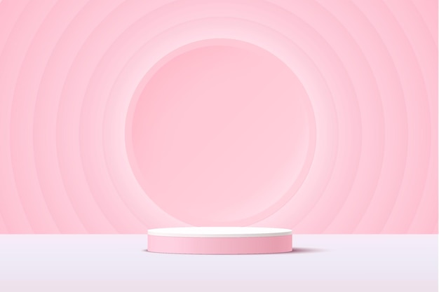 Podio de pedestal de cilindro 3d blanco y rosa abstracto con telón de fondo de círculo rosa claro brillante