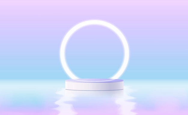Podio de pedestal de cilindro 3D púrpura y blanco realista con fondo de lámpara de círculo de neón brillante Una escena xDMinimal para escaparate de escenario de productos y exhibición de promoción Plataforma geométrica vectorial