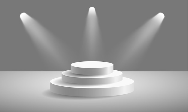 Podio de pedestal de cilindro 3d realista blanco en círculo hexagonal y ventana rectangular en pared limpia